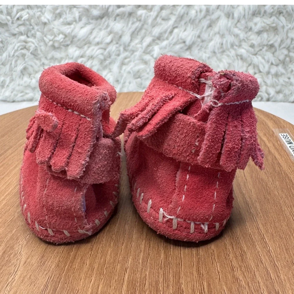 Minnetonka Pink Suede‎ Fringe Moccasins Booties Shoes Baby Girl Toddler Size 3